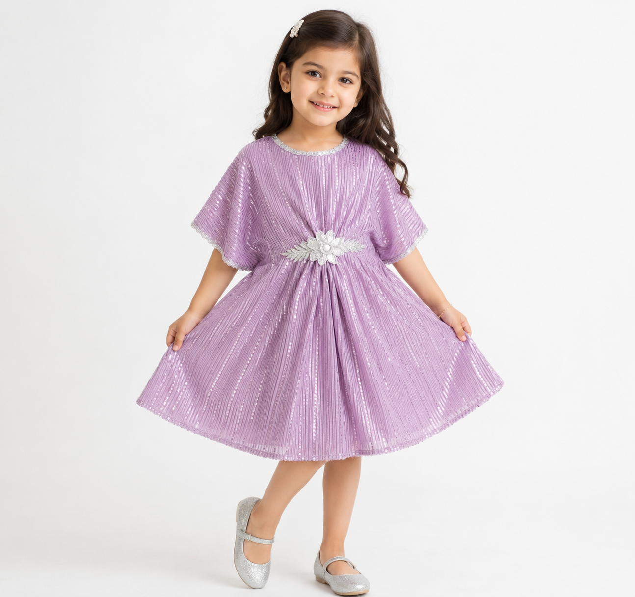 Lavender Shimmer Pleated Sequin Party Dress with Silver Floral Waist Detail