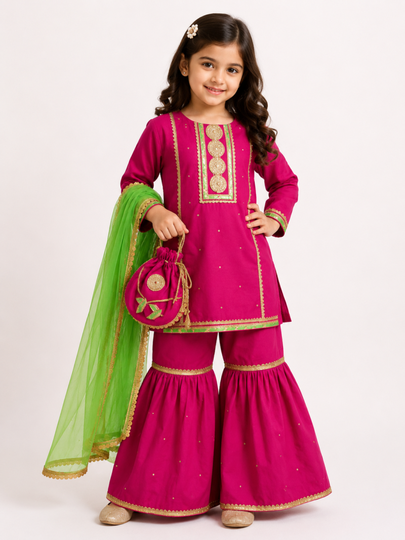 Shocking Pink Lawn Garara Suit with Gotta Work, Potli Bag & Green Net Dupatta