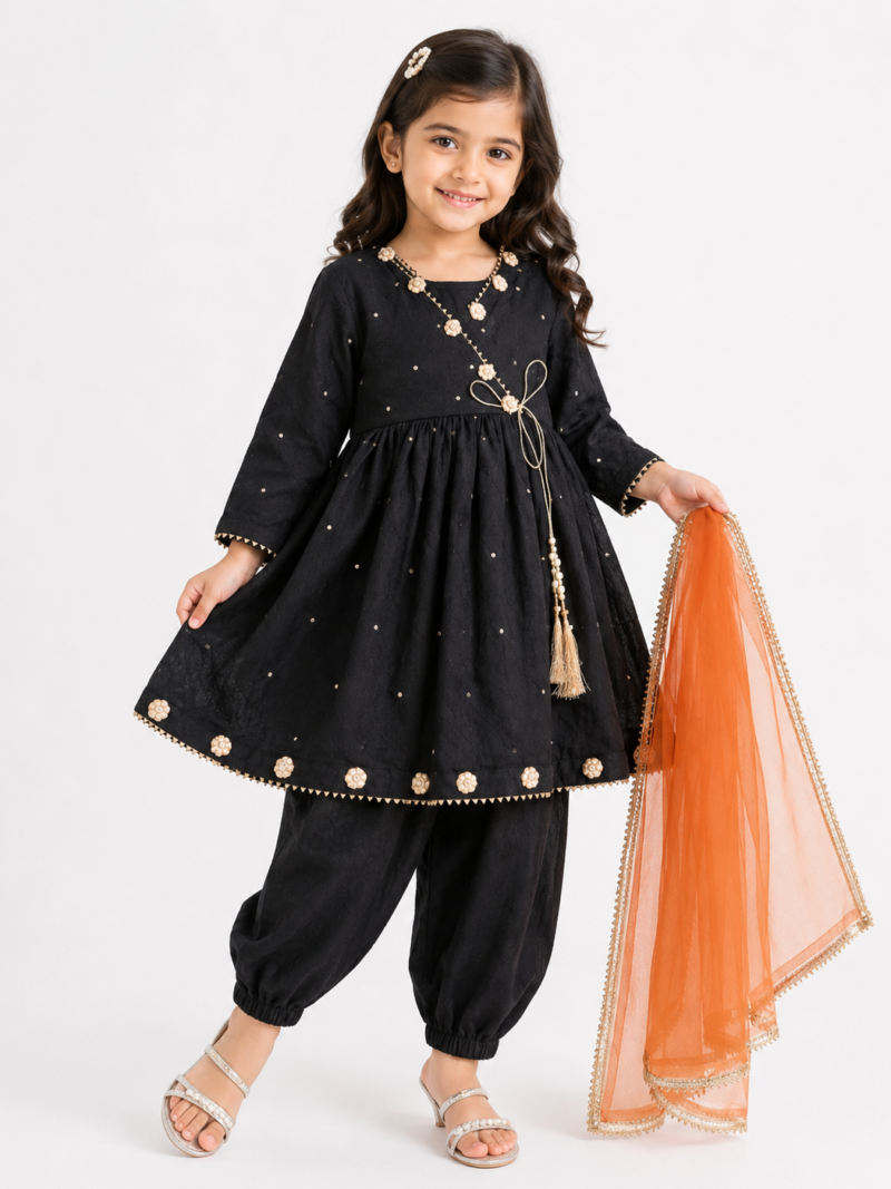 Girls Black Self Printed Lawn Frock with Gotta Work & Orange Net Dupatta