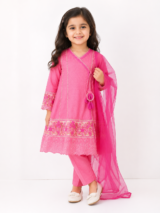 Pink Angrakha Anarkali Dress with Trouser & Net Dupatta view 1