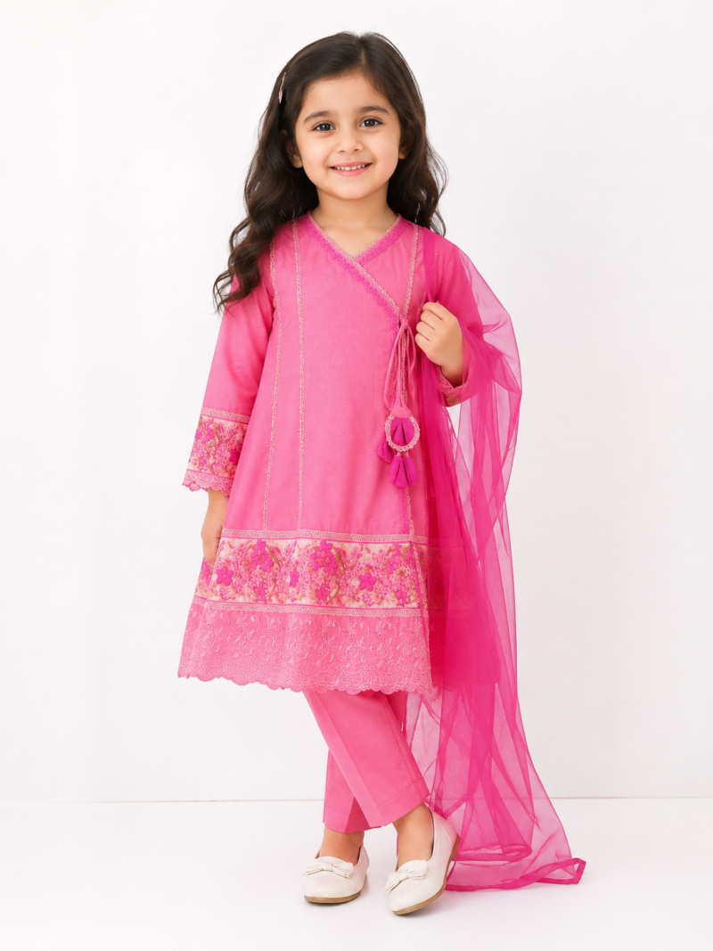 Pink Angrakha Anarkali Dress with Trouser & Net Dupatta