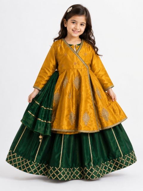 Kids Raw Silk Angrakha Lehenga Frock Set