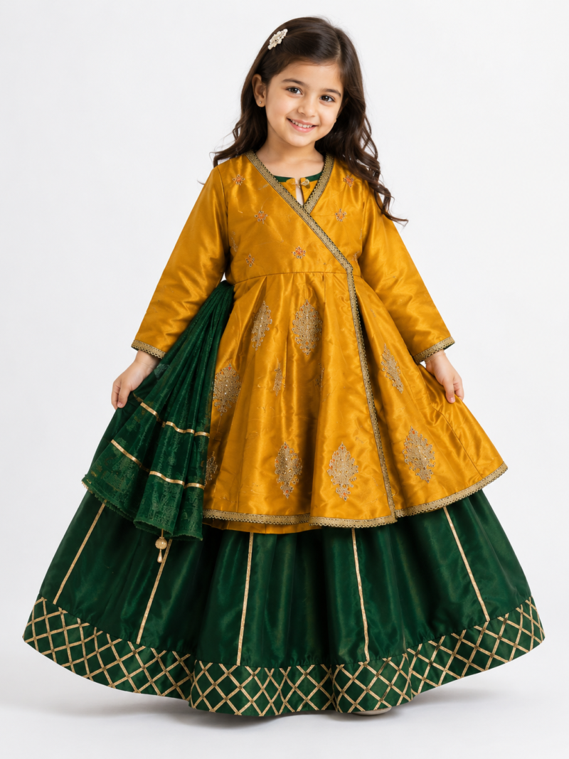 Kids Raw Silk Angrakha Lehenga Frock Set